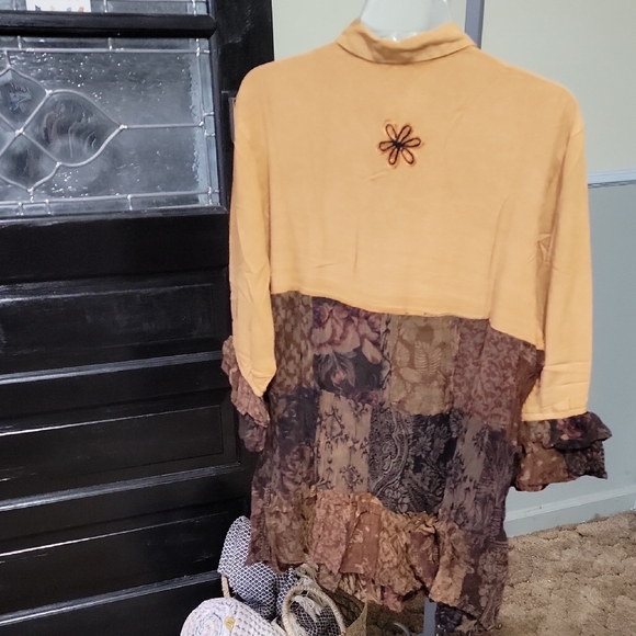 #116 NWT Young Threads Camel Earthy Boho Patchwork Tiered Top Woman Size L - Picture 6 of 16